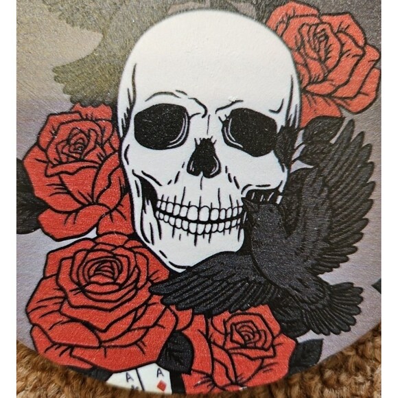 Skull And Roses Round Cork Back Ceramic Coasters Set Of 4 - Picture 3 of 4